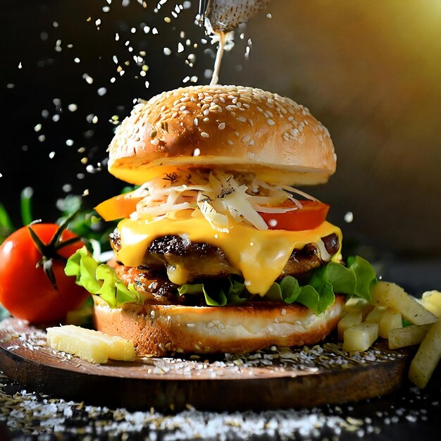 Photo un délicieux hamburger au fromage avec du fromage éclaté.