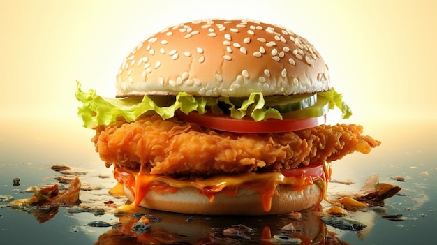 Un délicieux hamburger au poulet croustillant dans l'arrière-plan isolé généré par l'IA