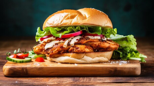 Photo un délicieux hamburger au poulet avec des légumes frais sur une planche de bois