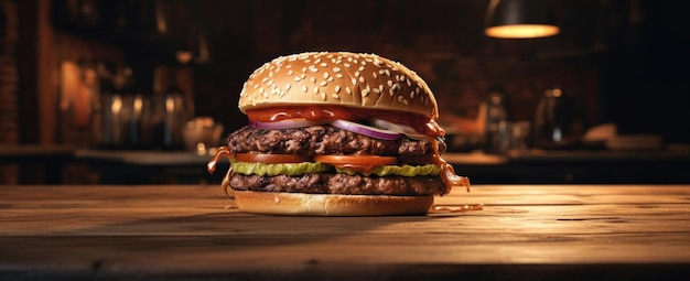 Délicieux hamburger de bœuf fait maison en gros plan photographie culinaire sur fond sombre