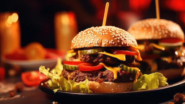 Délicieux Hamburger sur fond flou de table élégante