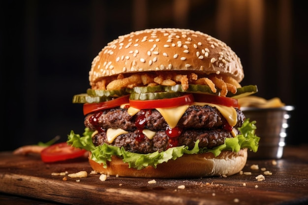 Délicieux hamburger sur fond sombre Hamburger avec escalope frite Malbouffe