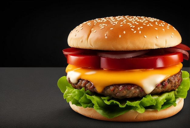 Un délicieux hamburger frais sur fond noir.