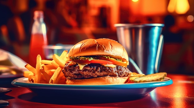 Photo un délicieux hamburger et des frites dans un environnement de restaurant ia générative