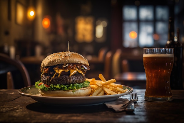 Délicieux hamburger et frites dans un pub ai illustration générative