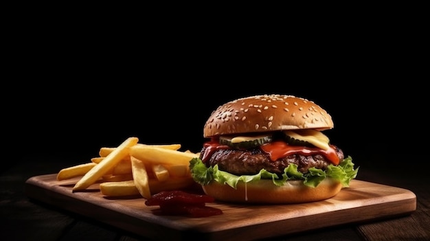 Photo délicieux hamburger avec frites sur planche de bois sur fond noir ai générative