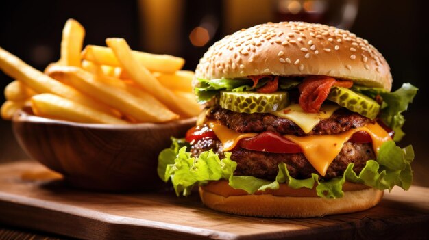 Un délicieux hamburger avec des frites sur une table en bois.