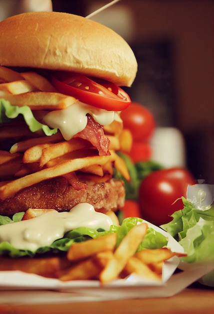 Délicieux hamburger fromage tomate mayonnaise salade de bacon cornichon oignon servi avec frites