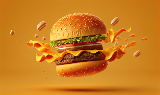 Délicieux hamburger de restauration rapide volant sur fond jaune IA générative