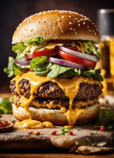 Un délicieux hamburger sur une table en bois