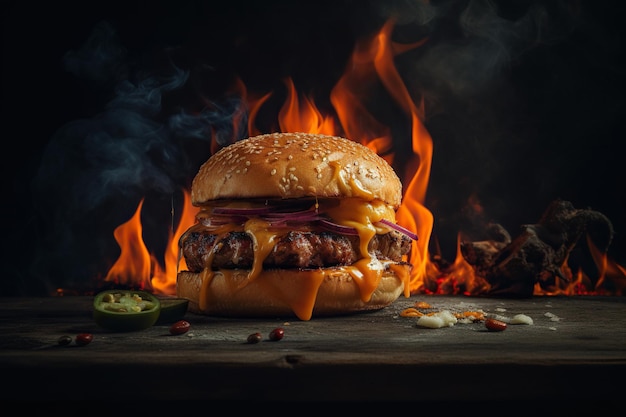 Délicieux hamburger sur une table avec du feu sur un fond sombre ai illustration générative