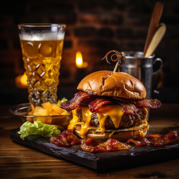 un délicieux hamburger à trois viandes avec du bacon et du fromage jaune accompagné d'un verre de whisky sur le