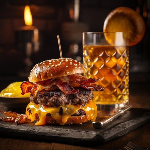 un délicieux hamburger à trois viandes avec du bacon et du fromage jaune accompagné d'un verre de whisky sur le