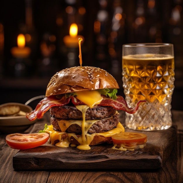 un délicieux hamburger à trois viandes avec du bacon et du fromage jaune accompagné d'un verre de whisky sur le