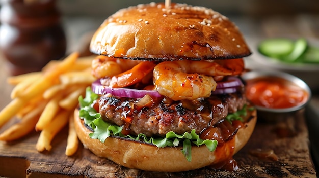 Délicieux hamburgers aux crevettes sur planche de bois