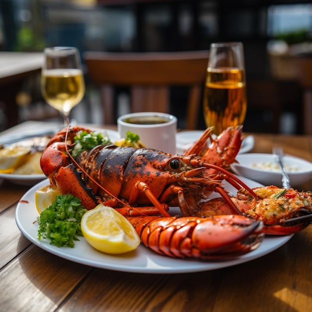 Délicieux homard grillé rouge sur une table en bois dans un café