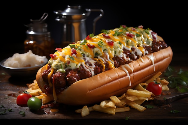 un délicieux hot-dog américain juteux et coloré avec un fond de luxe