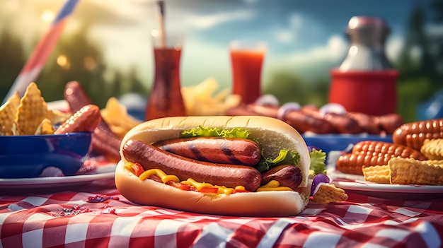 Délicieux hot dog américain de restauration rapide et frites sur une nappe à carreaux pour un classique