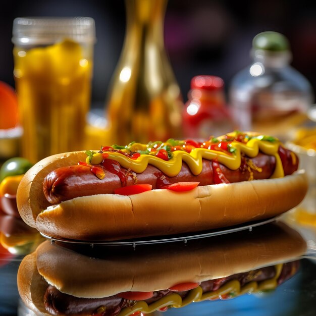 Photo un délicieux hot-dog avec du ketchup et de la moutarde.