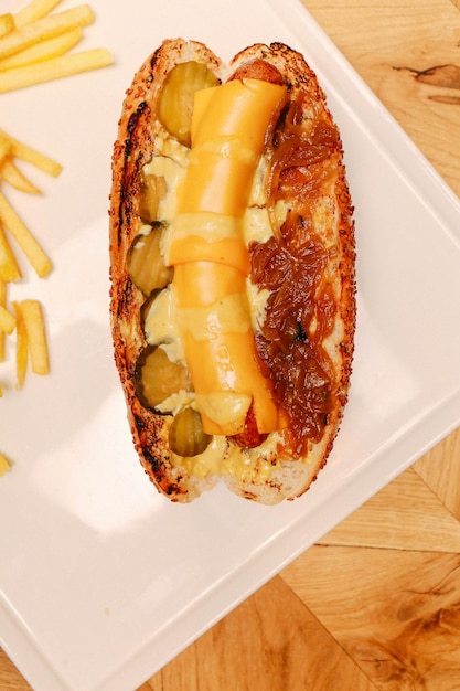 Délicieux hot-dog fait maison sur la table avec des frites