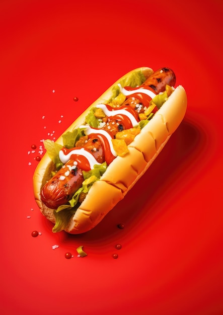 Délicieux hot-dog sur fond rouge IA générative