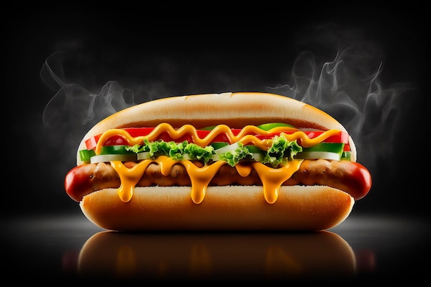 Délicieux hot-dog isolé sur fond noir généré par l'IA Fast food Street food