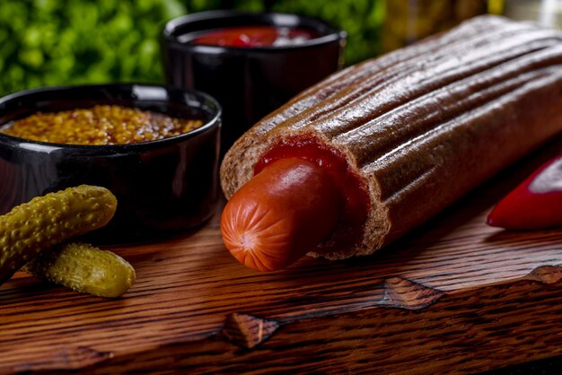 De délicieux hot-dogs chauds frais avec différents types de petits pains et de saucisses. Restauration rapide, nourriture non utile