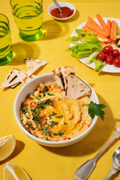 Photo délicieux houmous et légumes à angle élevé