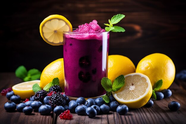 Un délicieux jus de fruits, des bleuets et une tranche de jus de citron.