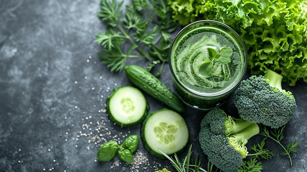 Délicieux jus de légumes verts dans un verre avec un fond noir et des légumes IA générative