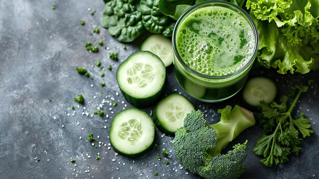 Délicieux jus de légumes verts dans un verre avec fond noir et légumes IA générative