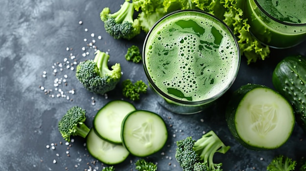 Délicieux jus de légumes verts dans un verre avec fond noir et légumes IA générative