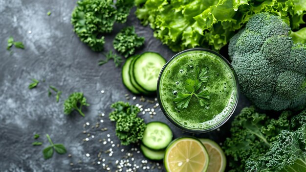 Délicieux jus de légumes verts dans un verre avec fond noir et légumes IA générative