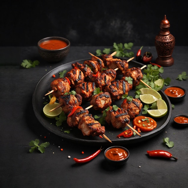 Photo un délicieux kebab de poulet grillé avec de la sauce épicée au centre d'un fond en béton noir