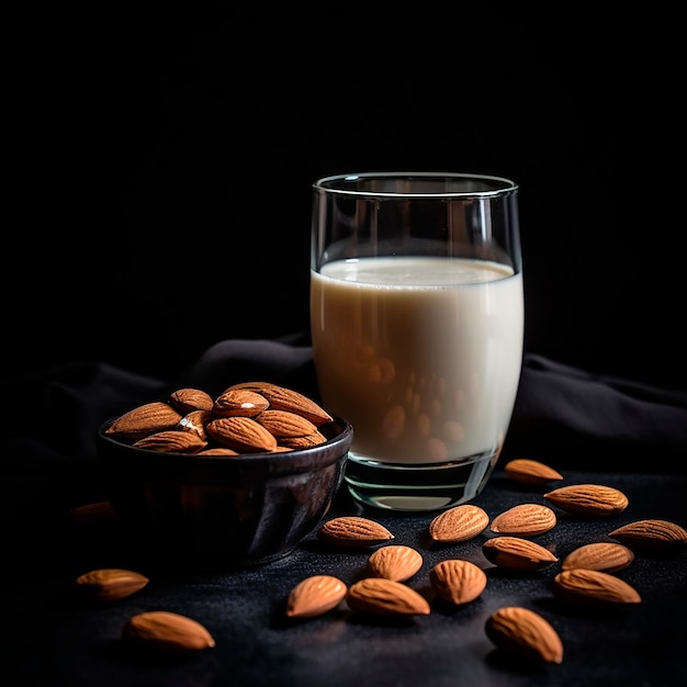 Délicieux lait d'amande frais dans un verre et des grains d'amandine sur un fond noir nourriture biologique saine