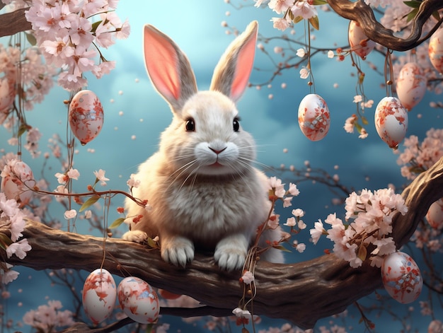 Le délicieux lapin de Pâques décore les branches avec des œufs colorés
