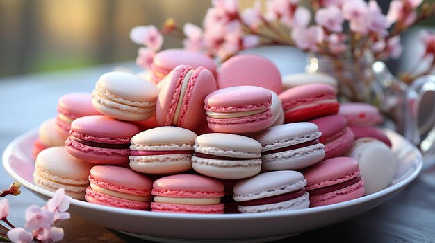 Délicieux macarons en assiette sur table en bois closeu