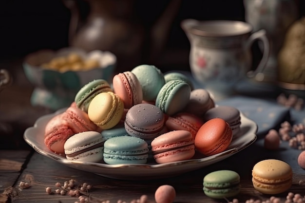 Délicieux macarons aux couleurs pastel dans le thé de l'après-midi, parfaits pour les invitations et les affiches Generative AI