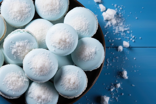 Délicieux macarons bleus générés par l'IA en prise de vue aérienne