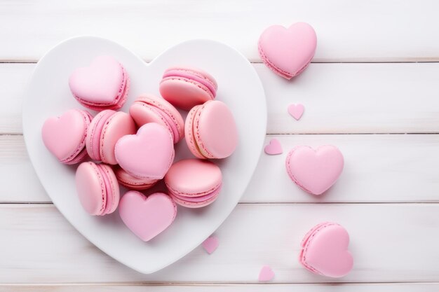 Délicieux macarons français roses en forme de cœur sur une assiette générée par l'IA