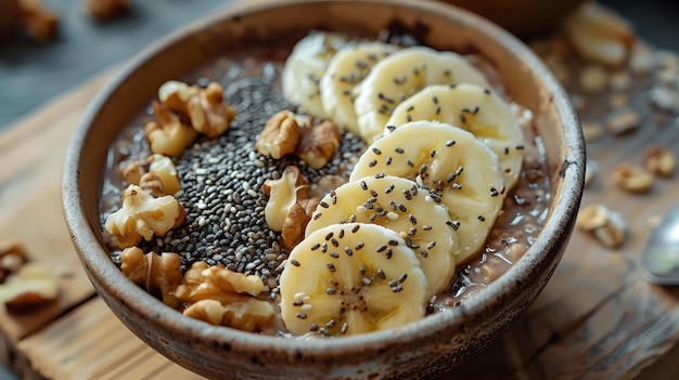 Un délicieux mélange de bananes, de graines de chia et de noix sur une table en bois rustique