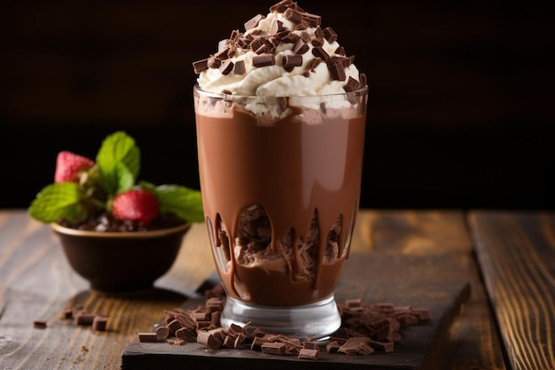 Photo un délicieux milk-shake au chocolat dans un verre sur une table en bois.