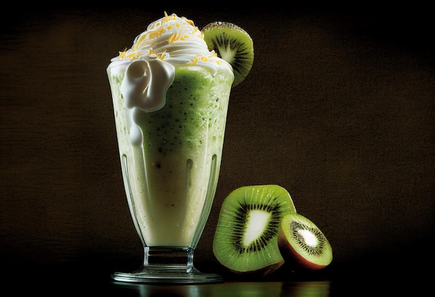 Un délicieux milk-shake au kiwi se trouve dans un café confortable sur la table générée par l'IA