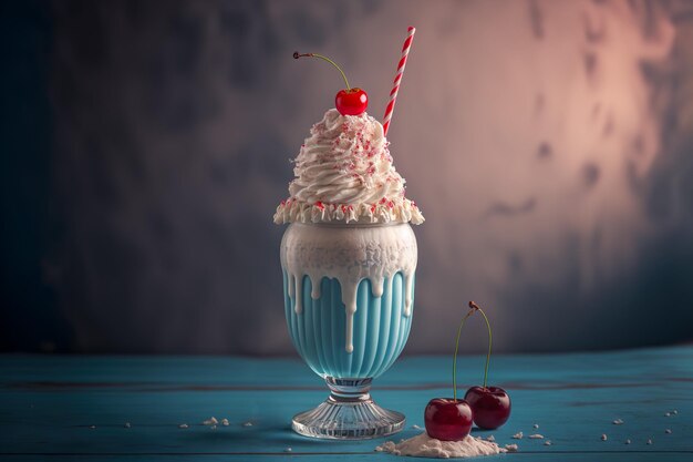 Délicieux Milkshake Classique Garni De Cerises Fraîches Et De Crème Fouettée Generative Ai