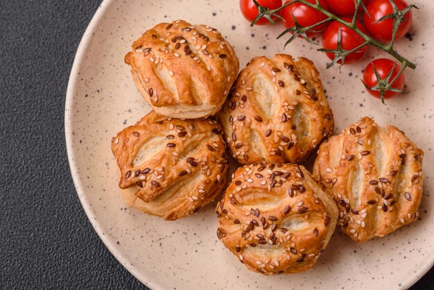 Délicieux mini choux croustillants avec saucisses ou viande au thym salé et sésame sur fond de béton foncé