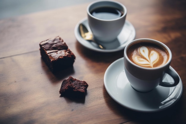 Délicieux morceau de brownie avec un délicieux café chaud ou un cappuccino sur une table en bois dans un café ou un restaurant générative ai