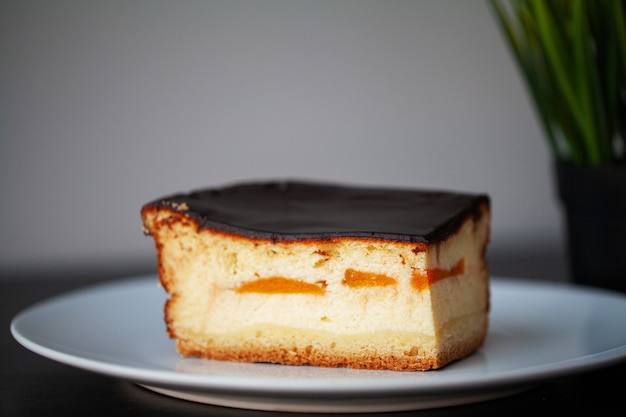 Délicieux morceau de gâteau au chocolat sur une assiette blanche