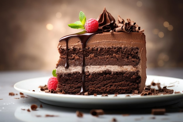 Délicieux morceau de gâteau au chocolat décoré de framboises