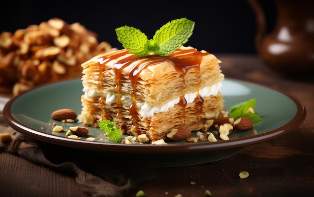 Un délicieux morceau de gâteau surmonté d'un mélange de noix sur une assiette blanche