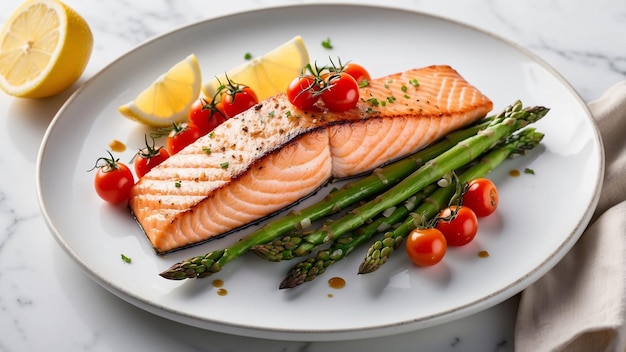 Un délicieux morceau de saumon parfaitement grillé brillant sous une pluie de sauce au beurre au citron